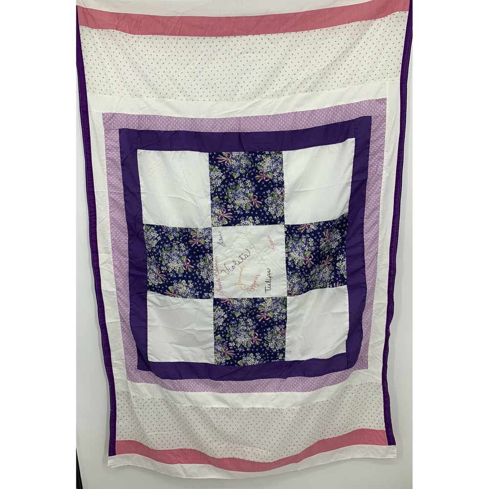 Handmade Embroidered‎ Vintage Quilt Top Unfinished Floral Pink Purple 38" x 60"